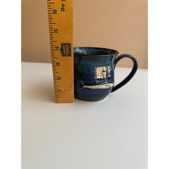 Studio Pottery Blue Glazed Mug Hand Thrown Coffee Cup Fish Motif Fisherman Gift - Picture 9 of 11